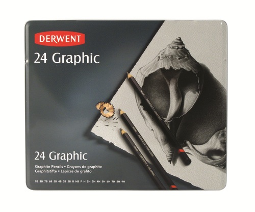 Набор чернографитных карандашей Graphic (2х2H, HB, 2B, 4B)+(B-9B)+(H-9H;F) 24 шт.в мет.кор "Derwent"