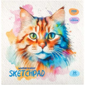 Скетчбук для акварели, 20л., 200*200 BG "Акварельный кот", на склейке, 200г/м2, ГОЗНАК среднее зерно
