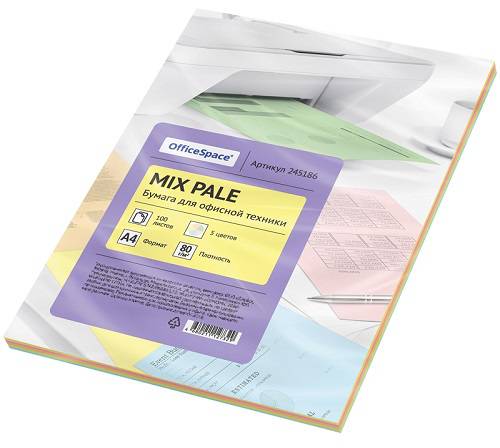 Бумага цветная для офисной техники OfficeSpace pale mix А4, 80г/м2, 100л. 5 цветов Бумага цветная для офисной техники OfficeSpace pale mix А4, 80г/м2, 100л. 5 цветов