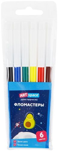 Фломастеры ArtSpace "Космические приключения" 6 цветов, ПВХ, европодвес Фломастеры ArtSpace "Космические приключения" 6 цветов, ПВХ, европодвес
