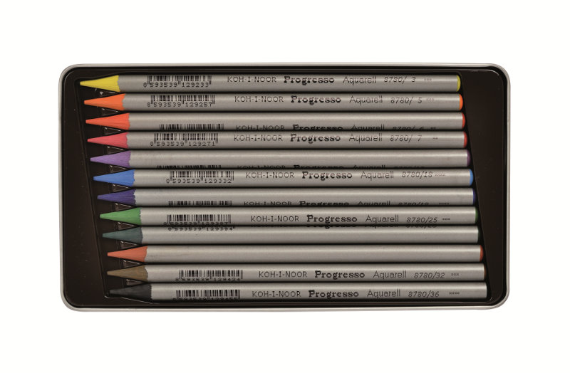 Набор художественных акварельных цветных карандашей 12цв "Progresso" без дерева,в лаке,жесть "Koh-i-