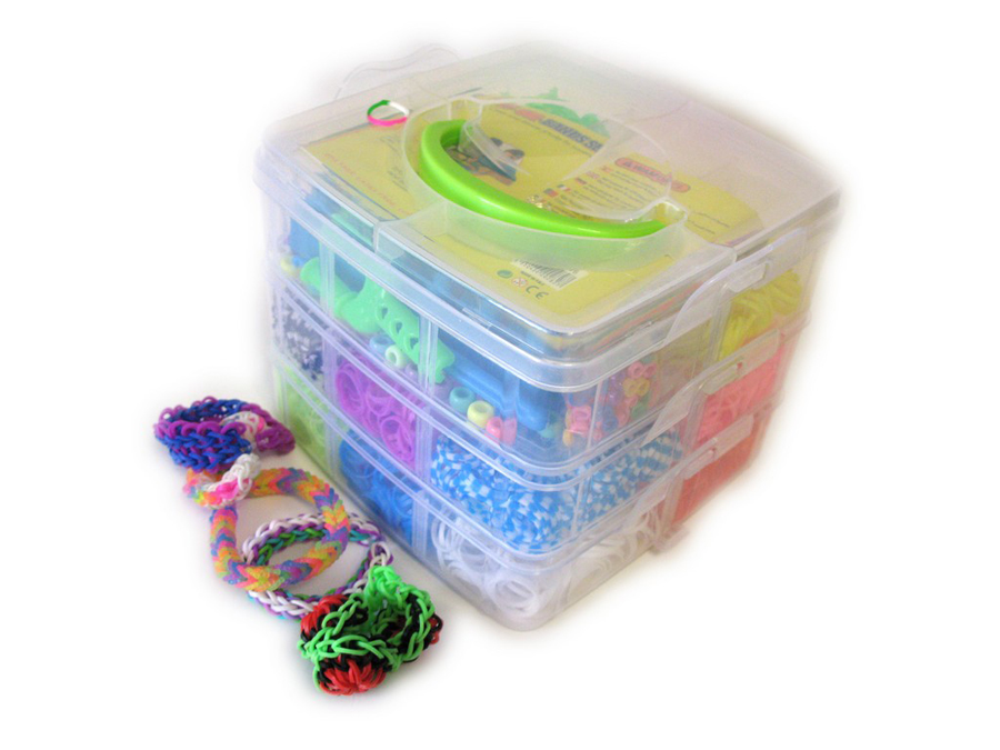Набор цветных резиночек, пластиковый секционный 3х этажный контейнер с маленьким станком и крючком