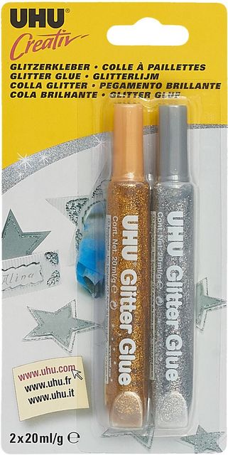 Клеящие блестки серебро/золото UHU GLITTER GLUE 2*20 мл., блистер, 47340/44120 Клеящие блестки серебро/золото UHU GLITTER GLUE 2*20 мл., блистер, 47340/44120