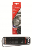 Набор угольных водорастворимых карандашей D8мм гриф-4мм 6шт.(1св.,2темн.,2ср.+угольн.тон.цв.бел)в ме